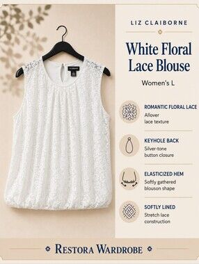 Liz Claiborne Romantic White Floral Lace Blouse Keyhole Back L